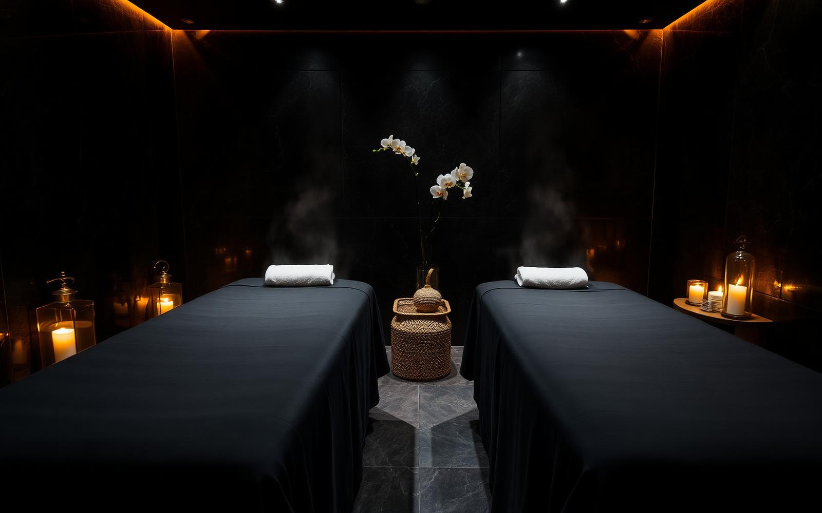 Candlelit luxury massage suite with a dressed treatment bed and warm gold lighting